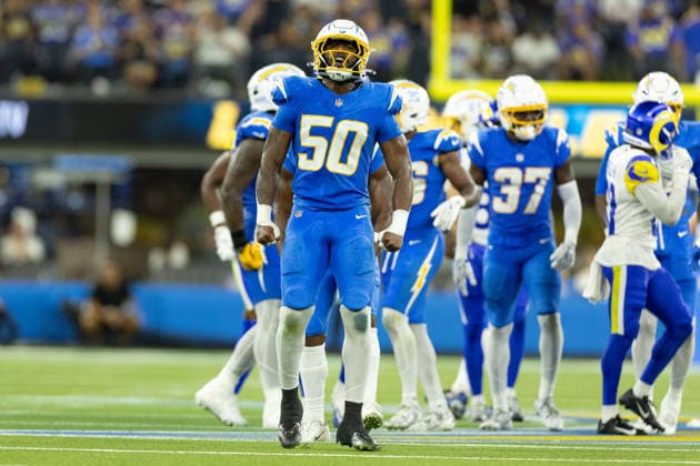 INGLEWOOD, CA - AUGUST 27: Emany Johnson 50 of the Los Angeles Chargers celebrates a defensive stop during an NFL, American Football Herren, USA preseason game between the Los Angeles Rams and the Los Angeles Chargers on August 27, 2026, at SoFi Stadium in Inglewood, California. (Photo by Greg Fiore Icon Sportswire) NFL: AUG 27 Rams at Chargers EDITORIAL USE ONLY Icon2608272910