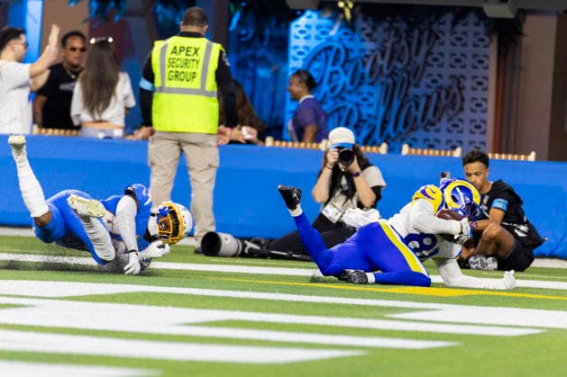 August 27, 2026, Inglewood, California, USA: Los Angeles Rams Wide Receiver Brennan Presley (81) drives pass Los Angeles Chargers Cornerback Nikko Reed (46) and scores a touchdown during an NFL, American Football Herren, USA football preseason game, in Inglewood, Calif. on Thursday August 27, 2026. Inglewood USA - ZUMAc68_ 20260827_zaf_c68_019 Copyright: xRingoxChiux