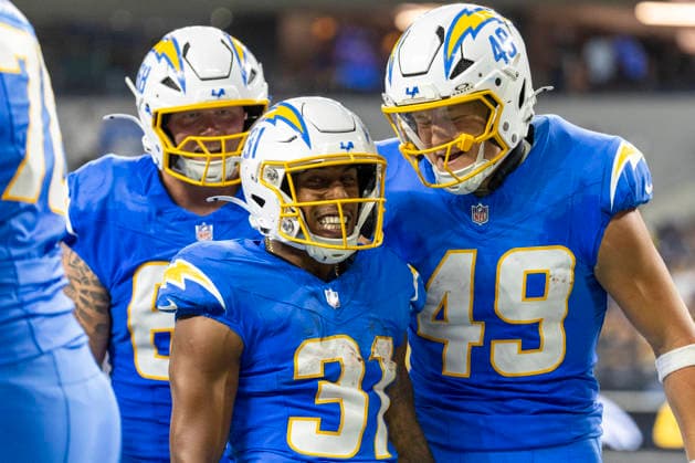 August 27, 2026, Inglewood, California, USA: Los Angeles Chargers Running Back Gregory Desrosiers (31) celebrates after scoring against Los Angeles Rams during an NFL, American Football Herren, USA football preseason game, in Inglewood, Calif. on Thursday August 27, 2026. NHL, Eishockey Herren, USA 2026: LA Rams 20:18 LA Chargers - ZUMAc68_ 20260827_zaf_c68_016 Copyright: xRingoxChiux