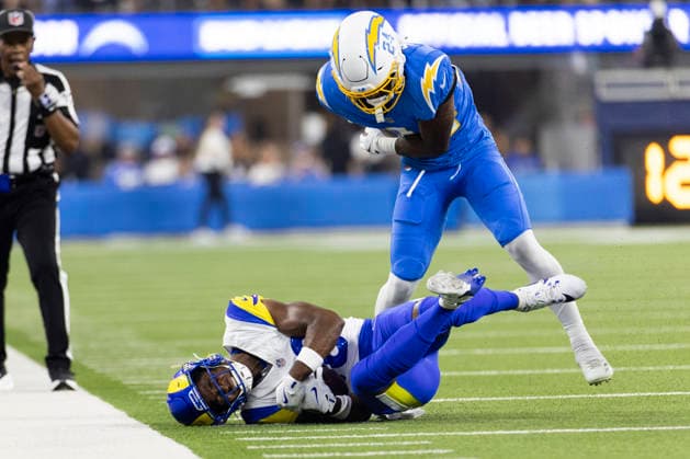 August 27, 2026, Inglewood, California, USA: Los Angeles Rams Wide Receiver Tru Edwards (16) is brought down by Los Angeles Chargers Cornerback Rodney Shelley (24) during an NFL, American Football Herren, USA football preseason game, in Inglewood, Calif. on Thursday August 27, 2026. Inglewood USA - ZUMAc68_ 20260827_zaf_c68_022 Copyright: xRingoxChiux