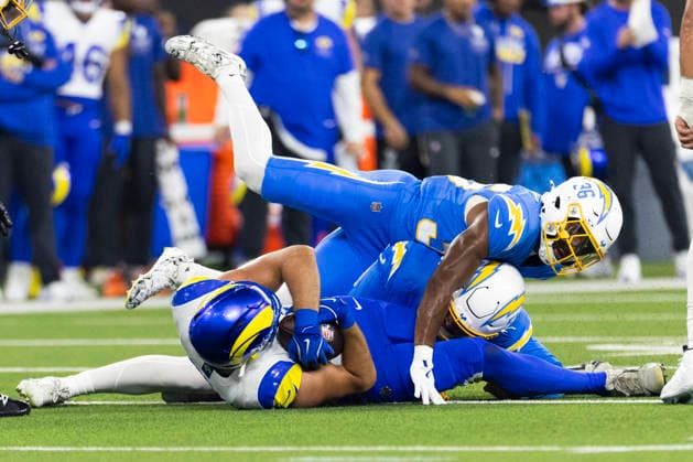 August 27, 2026, Inglewood, California, USA: Los Angeles Rams Wide Receiver Brennan Presley (81) is brought down by Los Angeles Chargers Cornerback Avery Smith (36) and Outside Linebacker Andre Carter (51) during an NFL, American Football Herren, USA football preseason game, in Inglewood, Calif. on Thursday August 27, 2026. Inglewood USA - ZUMAc68_ 20260827_zaf_c68_024 Copyright: xRingoxChiux