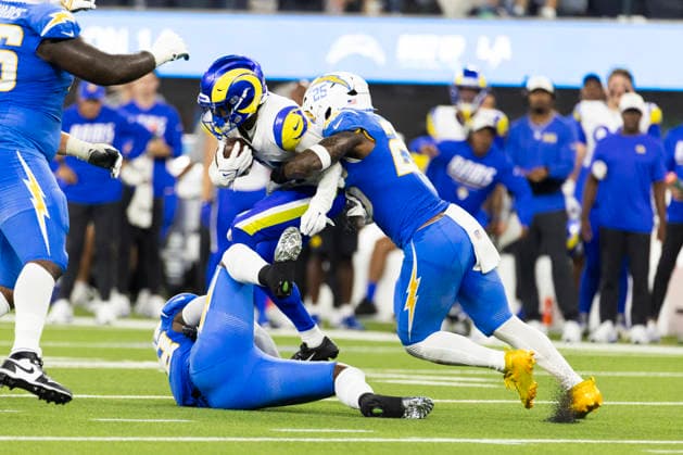 August 27, 2026, Inglewood, California, USA: Los Angeles Rams Wide Receiver Brennan Presley (81) is stopped by Los Angeles Chargers Linebackers Marlowe Wax (58) and Junior Colson (25) during an NFL, American Football Herren, USA football preseason game, in Inglewood, Calif. on Thursday August 27, 2026. NHL, Eishockey Herren, USA 2026: LA Rams 20:18 LA Chargers  - ZUMAc68_ 20260827_zaf_c68_040 Copyright: xRingoxChiux