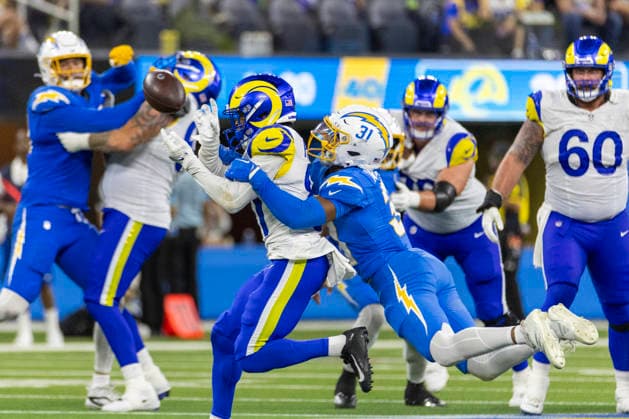 August 27, 2026, Inglewood, California, USA: Los Angeles Rams Wide Receiver Brennan Presley (81) is stopped by Los Angeles Chargers Safety Noah Avinger (31) during an NFL, American Football Herren, USA football preseason game, in Inglewood, Calif. on Thursday August 27, 2026. Inglewood USA - ZUMAc68_ 20260827_zaf_c68_036 Copyright: xRingoxChiux