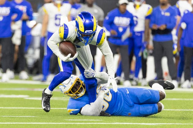 August 27, 2026, Inglewood, California, USA: Los Angeles Rams Wide Receiver Brennan Presley (81) is tackled by Los Angeles Chargers Linebacker Marlowe Wax (58) during an NFL, American Football Herren, USA football preseason game, in Inglewood, Calif. on Thursday August 27, 2026. Inglewood USA - ZUMAc68_ 20260827_zaf_c68_038 Copyright: xRingoxChiux