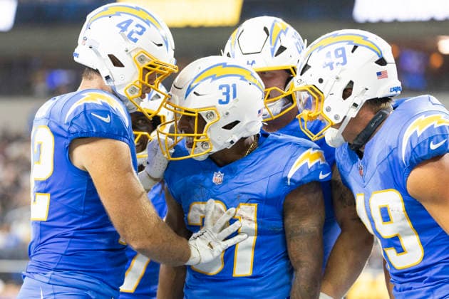 August 27, 2026, Inglewood, California, USA: Los Angeles Chargers Running Back Gregory Desrosiers (31) celebrates after scoring against Los Angeles Rams during an NFL, American Football Herren, USA football preseason game, in Inglewood, Calif. on Thursday August 27, 2026. Inglewood USA - ZUMAc68_ 20260827_zaf_c68_049 Copyright: xRingoxChiux