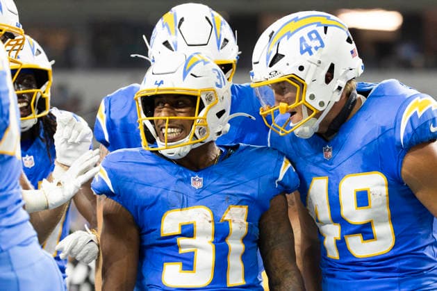 August 27, 2026, Inglewood, California, USA: Los Angeles Chargers Running Back Gregory Desrosiers (31) celebrates after scoring against Los Angeles Rams during an NFL, American Football Herren, USA football preseason game, in Inglewood, Calif. on Thursday August 27, 2026. Inglewood USA - ZUMAc68_ 20260827_zaf_c68_045 Copyright: xRingoxChiux