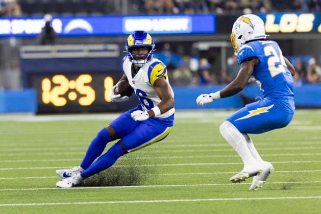 August 27, 2026, Inglewood, California, USA: Los Angeles Rams Wide Receiver Tru Edwards (16) runs the ball against Los Angeles Chargers Cornerback Rodney Shelley (24) during an NFL, American Football Herren, USA football preseason game, in Inglewood, Calif. on Thursday August 27, 2026. Inglewood USA - ZUMAc68_ 20260827_zaf_c68_054 Copyright: xRingoxChiux