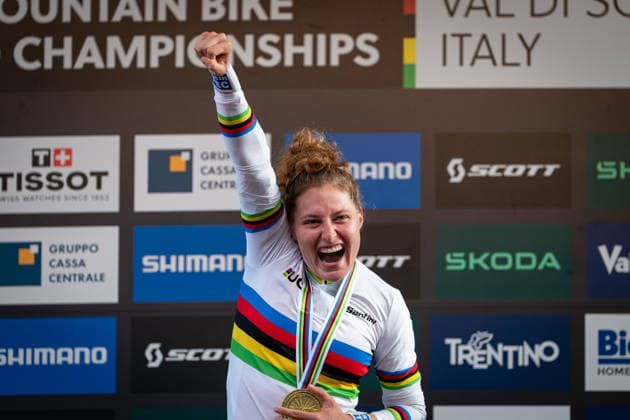 UCI MTB World Championship, WM, Weltmeisterschaft Thursday - Val Di Sole 2026 VAL DI SOLE, ITALY - AUGUST 27: Laura Stigger of Austria celebrates after winning the Women s Elite Short Track race during the UCI Mountain Bike World Championships Val di Sole 2026 on August 27, 2026 in Val di Sole, Italy. Val di Sole Italy  Copyright: xFilipxBezdÄ›kx originalFilename:bezdek-notitle260827_np9TW.jpg
