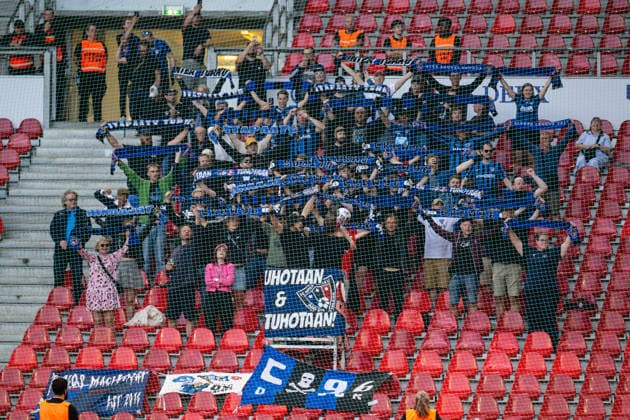 FC Copenhagen v FC Inter Turku, UEFA Conference League qualification, Copenhagen, Denmark Copenhagen, Denmark. 27th, August 2026. Football fans of FC Inter Turku seen on the stands in the away section at the UEFA Conference League qualification match between FC Copenhagen and FC Inter Turku at Parken in Copenhagen. Denmark, Copenhagen, Parken  Copyright: xGonzalesxPhoto TobiasxJorgensenx