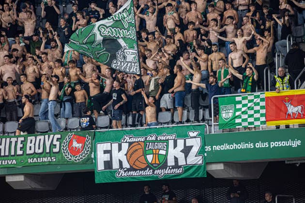 UEFA Europa League play-offs, 2nd leg – Kauno Žalgiris vs Besiktas at Dariaus ir Gireno Stadium, Kaunas, Lithuania. Kauno Zalgiris supporters attend the UEFA Europa League play-offs second leg match between Kauno Zalgiris and Besiktas at Dariaus ir Gireno Stadium in Kaunas, Lithuania. Kaunas Kaunas Lithuania