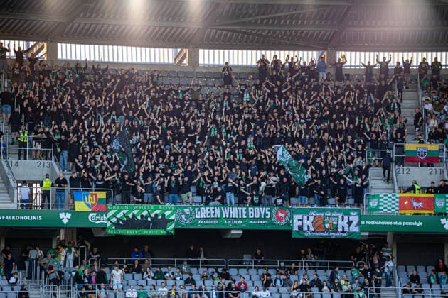 UEFA Europa League play-offs, 2nd leg – Kauno Žalgiris vs Besiktas at Dariaus ir Gireno Stadium, Kaunas, Lithuania. Kauno Zalgiris supporters attend the UEFA Europa League play-offs second leg match between Kauno Zalgiris and Besiktas at Dariaus ir Gireno Stadium in Kaunas, Lithuania. Kaunas Kaunas Lithuania