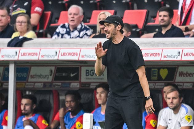 SC Freiburg coach Julian Schuster gestures during the second leg of the 2026-27 UEFA Conference League playoff round match between Sport Club Freiburg and Motherwell at Stadion am Wolfswinkel on August 27, 2026, in Freiburg, Germany. Photo by Harry Langer, DeFodi Images