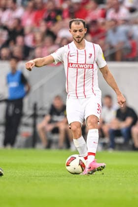 Max Rosenfelder of SC Freiburg controls the ball during the second leg of the UEFA Conference League 2026–27 playoff round match between Sport Club Freiburg and Motherwell at Stadion am Wolfswinkel on August 27, 2026, in Freiburg, Germany. Photo by Harry Langer, DeFodi Images