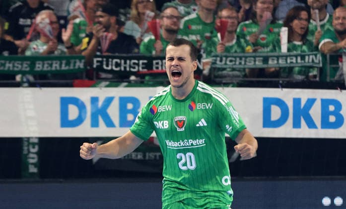 Tim Freihöfer celebrates after scoring a goal; Joy, Emotion, Celebration, Sports, Handball, HBL Bundesliga Men s Division 1, Matchday, 2026–2027 Season, August 27, 2026, Füchse Berlin vs. MT Melsungen