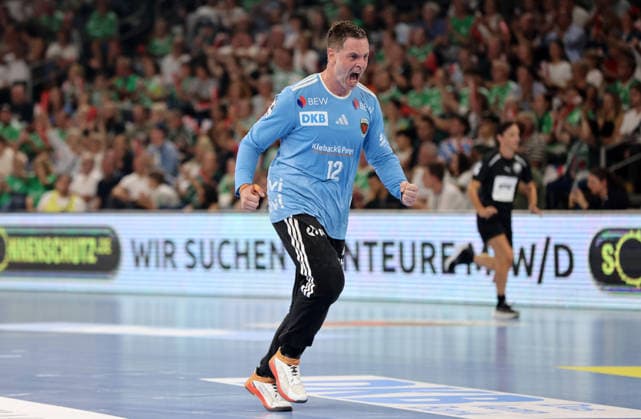 Goalkeeper Andreas Palicka celebrates; joy, emotion, cheering; sports; handball; HBL Bundesliga Men s 1; Matchday; 2026–2027 season; August 27, 2026; Füchse Berlin vs. MT Melsungen