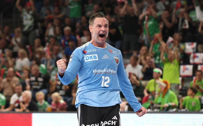 Goalkeeper Andreas Palicka celebrates after scoring his first goal: Joy, Emotion, Celebration, Sports, Handball, HBL Bundesliga Men s 1, Matchday, 2026-2027 Season, August 27, 2026, Füchse Berlin vs. MT Melsungen