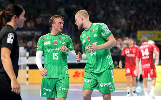 Tobias Schjoelberg Groendahl talks with Matthes Langhoff Action Upper Body Sports Handball HBL Bundesliga Men s Division 1 Matchday Season 2026–2027 August 27, 2026 Füchse Berlin vs. MT Melsungen