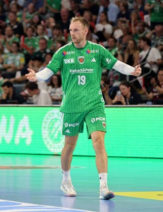 Mathias Gidsel gesturing, single frame, cutout, action, sports, handball, HBL Bundesliga Men s Division 1, Matchday, 2026–2027 season, August 27, 2026, Füchse Berlin vs. MT Melsungen