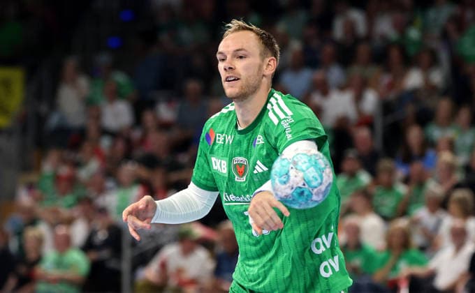 Mathias Gidsel with the ball; Upper-body action; Sports; Handball; HBL Bundesliga Men s Division 1; Matchday; 2026–2027 season; August 27, 2026; Füchse Berlin vs. MT Melsungen
