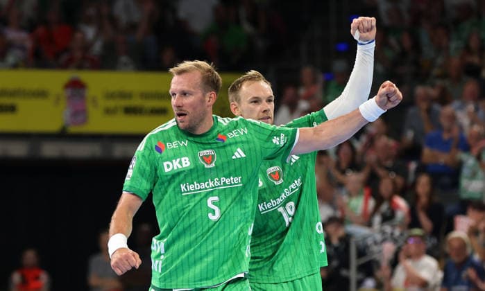 Max Darj, Mathias Gidsel celebrate joy emotion cheering sports handball HBL Bundesliga Men s Division 1 Matchday Season 2026–2027 August 27, 2026 Füchse Berlin vs. MT Melsungen
