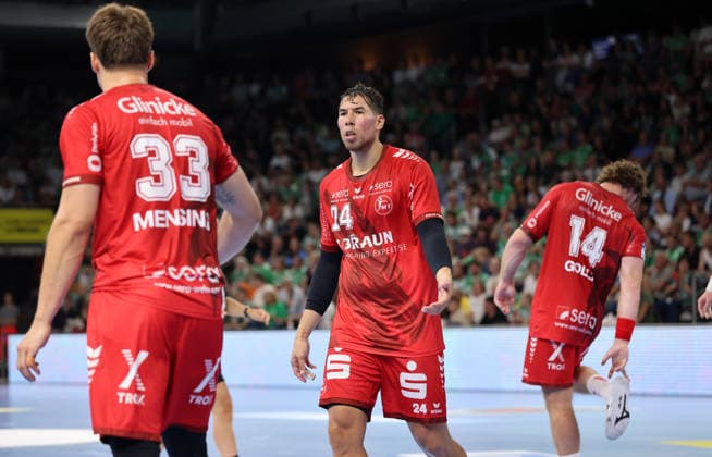 Aaron Mensing, Daniel Dujshebaev speaking, Johannes Golla in action; Upper body; Sports; Handball; HBL Bundesliga; Men s Division 1; Matchday; 2026–2027 season; August 27, 2026; Füchse Berlin vs. MT Melsungen
