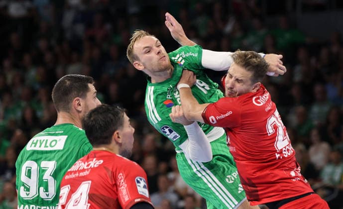 Mijajlo Marsenic, Daniel Dujshebaev and Mathias Gidsel in a duel with Olle Forsell Schefvert – Action, Game Scene, Sports, Handball, HBL Bundesliga Men s Division 1, Matchday, 2026–2027 Season, August 27, 2026, Füchse Berlin vs. MT Melsungen