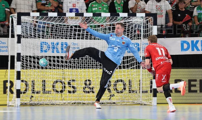 Dimitri Ignatow scores a goal against goalkeeper Andreas Palicka. Sports: Handball, HBL Bundesliga Men s Division 1, Matchday, 2026–2027 Season, August 27, 2026: Füchse Berlin vs. MT Melsungen