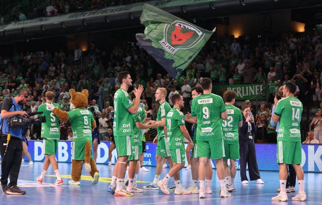 Füchse team celebrates after the game Joy Emotion Sports Handball HBL Bundesliga Men s 1 Matchday Season 2026–2027 August 27, 2026 Füchse Berlin vs. MT Melsungen