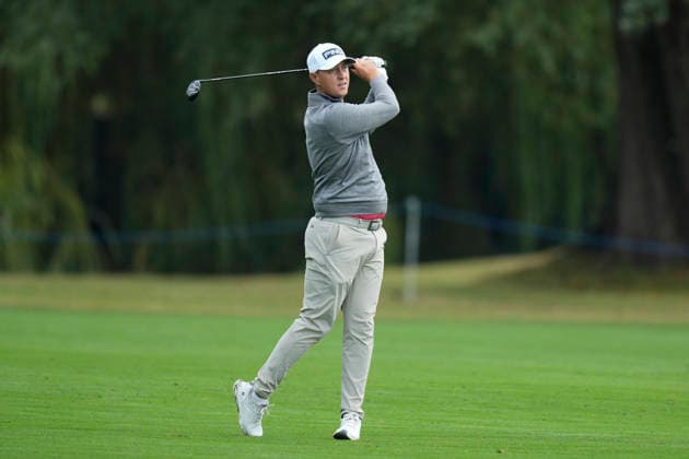 SUTTON COLDFIELD, ENGLAND - AUG 28: Joe Dean (ENG) plays from the eighth fairway during the completion of the delayed Round 1 at the 2026 Husqvarna British Masters at The Belfry, Sutton Coalfield on August 28, 2026 in Warwickshire, England The 2026 Husqvarna British Masters