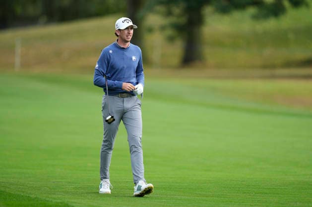 SUTTON COLDFIELD, ENGLAND - AUG 28: Tom McKibbin (NIR) walks down the eighth fairway during the completion of the delayed Round 1 at the 2026 Husqvarna British Masters at The Belfry, Sutton Coalfield on August 28, 2026 in Warwickshire, England The 2026 Husqvarna British Masters