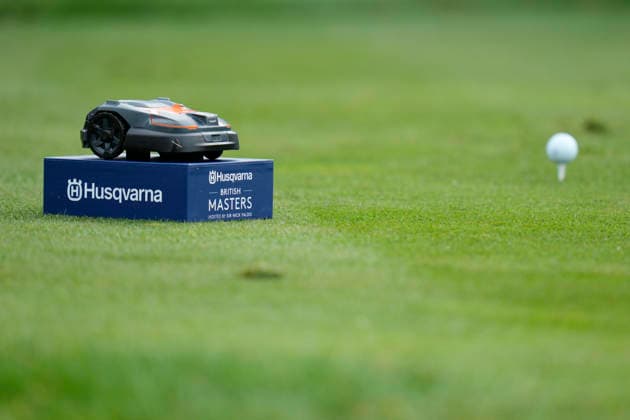 SUTTON COLDFIELD, ENGLAND - AUG 28: A model Husqvarna Robotic Mower is displayed on a tee box during the completion of the delayed Round 1 at the 2026 Husqvarna British Masters at The Belfry, Sutton Coalfield on August 28, 2026 in Warwickshire, England The 2026 Husqvarna British Masters