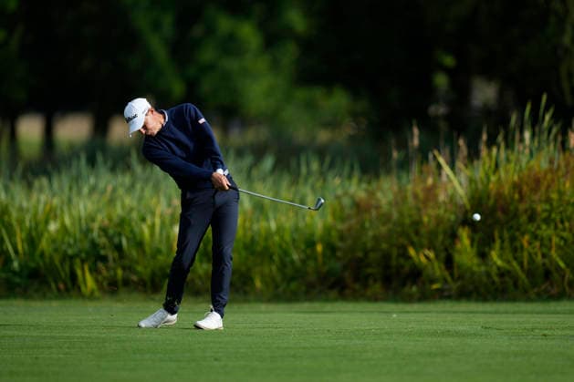 SUTTON COLDFIELD, ENGLAND - AUG 28: Jason Scrivener (AUS) plays from the eighteenth fairway during the completion of the delayed Round 1 at the 2026 Husqvarna British Masters at The Belfry, Sutton Coalfield on August 28, 2026 in Warwickshire, England The 2026 Husqvarna British Masters