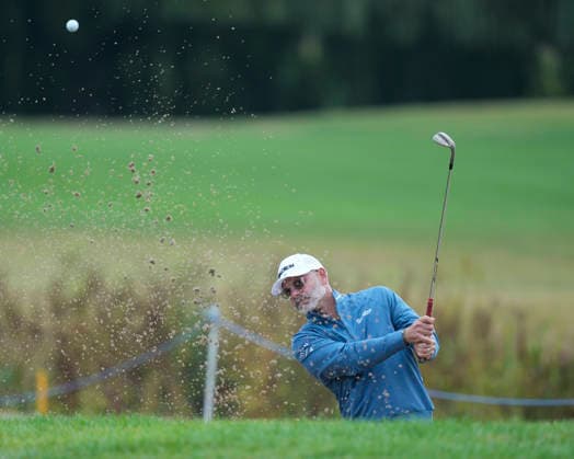 SUTTON COLDFIELD, ENGLAND - AUG 28: Paul Waring (ENG) plays from a green side bunker on the 8th hole during the completion of the delayed Round 1 at the 2026 Husqvarna British Masters at The Belfry, Sutton Coalfield on August 28, 2026 in Warwickshire, England The 2026 Husqvarna British Masters