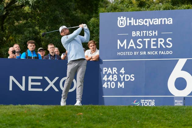 SUTTON COLDFIELD, ENGLAND - AUG 28: Tyrrell Hatton (ENG) plays from the sixth tee during the completion of the delayed Round 1 at the 2026 Husqvarna British Masters at The Belfry, Sutton Coalfield on August 28, 2026 in Warwickshire, England The 2026 Husqvarna British Masters