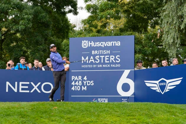 SUTTON COLDFIELD, ENGLAND - AUG 28: Marco Penge (ENG) plays from the sixth tee during the completion of the delayed Round 1 at the 2026 Husqvarna British Masters at The Belfry, Sutton Coalfield on August 28, 2026 in Warwickshire, England The 2026 Husqvarna British Masters