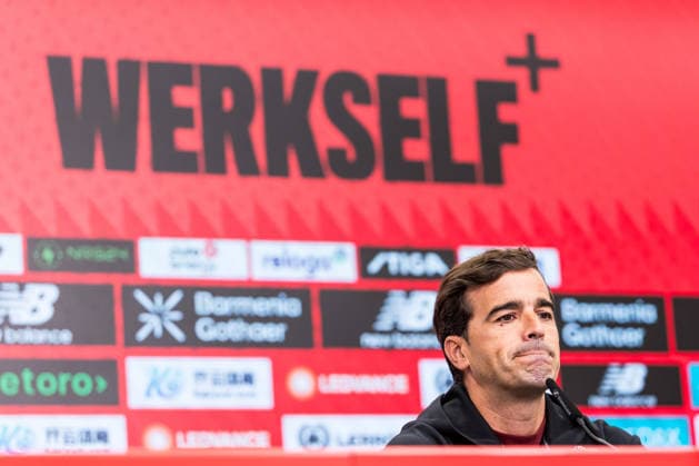 LEVERKUSEN, GERMANY - AUGUST 28: Carles Martinez (Head Coach Bayer 04 Leverkusen) during the pre game press conference, PK, Pressekonferenz before the Bundesliga match between Bayer 04 Leverkusen and SV Elversberg at BayArena on August 28, 2026 in Leverkusen, Germany. DFL REGULATIONS PROHIBIT ANY USE OF PHOTOGRAPHS AS IMAGE SEQUENCES AND OR QUASI-VIDEO. North Rhine Westphalia Germany Copyright: xSteffiexWunderlx