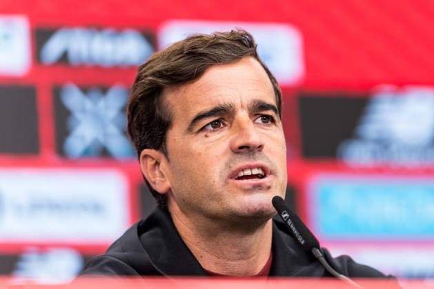 LEVERKUSEN, GERMANY - AUGUST 28: Carles Martinez (Head Coach Bayer 04 Leverkusen) during the pre game press conference, PK, Pressekonferenz before the Bundesliga match between Bayer 04 Leverkusen and SV Elversberg at BayArena on August 28, 2026 in Leverkusen, Germany. DFL REGULATIONS PROHIBIT ANY USE OF PHOTOGRAPHS AS IMAGE SEQUENCES AND OR QUASI-VIDEO. North Rhine Westphalia Germany Copyright: xSteffiexWunderlx