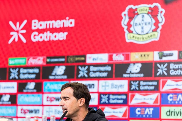 LEVERKUSEN, GERMANY - AUGUST 28: Carles Martinez (Head Coach Bayer 04 Leverkusen) during the pre game press conference, PK, Pressekonferenz before the Bundesliga match between Bayer 04 Leverkusen and SV Elversberg at BayArena on August 28, 2026 in Leverkusen, Germany. DFL REGULATIONS PROHIBIT ANY USE OF PHOTOGRAPHS AS IMAGE SEQUENCES AND OR QUASI-VIDEO. North Rhine Westphalia Germany Copyright: xSteffiexWunderlx
