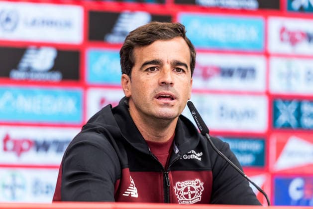 LEVERKUSEN, GERMANY - AUGUST 28: Carles Martinez (Head Coach Bayer 04 Leverkusen) during the pre game press conference, PK, Pressekonferenz before the Bundesliga match between Bayer 04 Leverkusen and SV Elversberg at BayArena on August 28, 2026 in Leverkusen, Germany. DFL REGULATIONS PROHIBIT ANY USE OF PHOTOGRAPHS AS IMAGE SEQUENCES AND OR QUASI-VIDEO. North Rhine Westphalia Germany Copyright: xSteffiexWunderlx
