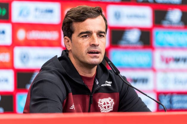 LEVERKUSEN, GERMANY - AUGUST 28: Carles Martinez (Head Coach Bayer 04 Leverkusen) during the pre game press conference, PK, Pressekonferenz before the Bundesliga match between Bayer 04 Leverkusen and SV Elversberg at BayArena on August 28, 2026 in Leverkusen, Germany. DFL REGULATIONS PROHIBIT ANY USE OF PHOTOGRAPHS AS IMAGE SEQUENCES AND OR QUASI-VIDEO. North Rhine Westphalia Germany Copyright: xSteffiexWunderlx