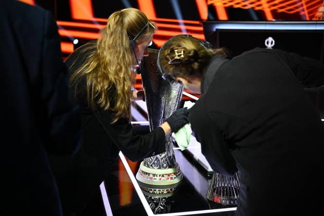 UEFA Europa League and Conference League 2026 27 League Phase Draws MONACO, MONACO - AUGUST 28: Staff members clean the UEFA Europa League trophy ahead of the draw at the Grimaldi Forum in Monaco on August 28, 2026. Mustafa Yalcin Anadolu Monaco France. Editorial use only. Please get in touch for any other usage.  Copyright: x2026xAnadoluxMustafaxYalcinx