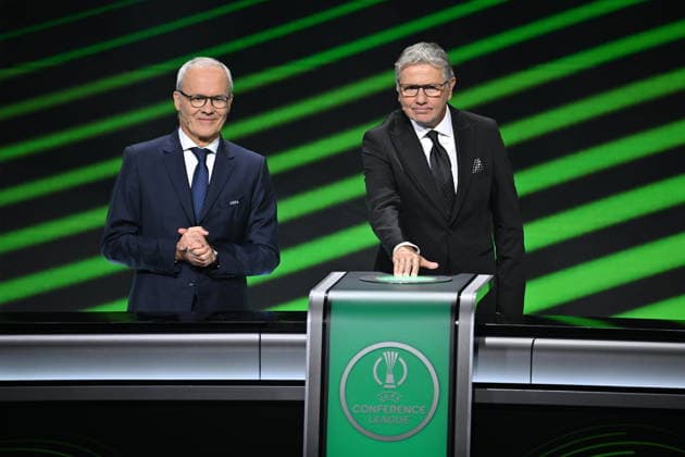 UEFA Europa League and Conference League 2026 27 League Phase Draws MONACO, MONACO - AUGUST 28: Former Turkish international footballer Metin Tekin (R) presses the button to activate the draw for the league phase fixtures of the 2026-2027 UEFA Conference League football tournament during the draw ceremony at the Grimaldi Forum in Monaco on August 28, 2026. Mustafa Yalcin Anadolu Monaco Monaco. Editorial use only. Please get in touch for any other usage.  Copyright: x2026xAnadoluxMustafaxYalcinx