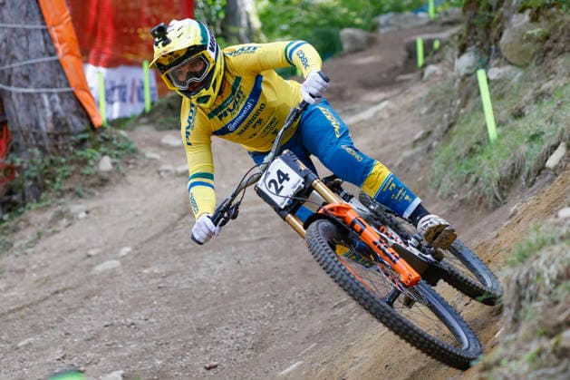 TRENTO, ITALY, AUGUST 28 Roger Vieira of Brazil during his final training session ahead of the UCI Mountain Bike World Championships Women s and Men s Elite Downhill Qualifiers at Val di Sole on August 28, 2026, in Trento, Italy; Trento, Val di Sole, Trento, Italy Copyright: xJustPictures.ch FrancescoxMinghettix jp-en-EuSpIm-JP6_FRM_UCIWC_WMNDH_28_Aug_000159
