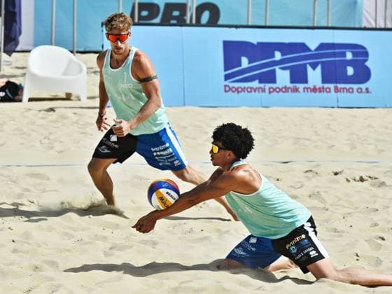 From left Max van Straten and Benjamin Koch of Netherlands in action during the match against Matyas Dzavoronok and Jiri Sedlak of Czech Republic at the World Beach volleyball, Beachvolleyball Pro Tour, category Futures, on August 28, 2026, in Brno, Czech Republic. (CTKxPhoto PatrikxUhlir) CTKPhotoP2026082805257  CTKPhotoP2026082805257