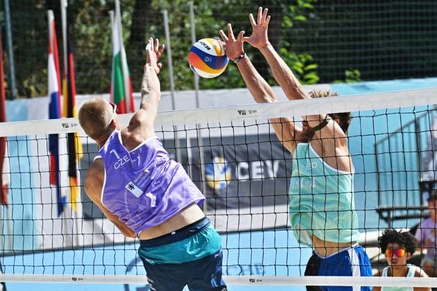From left Matyas Dzavoronok of Czech Republic and Max van Straten of Netherlands in action during the match between Matyas Dzavoronok and Jiri Sedlak of Czech Republic and Max van Straten and Benjamin Koch of Netherlands at the World Beach volleyball, Beachvolleyball Pro Tour, category Futures, on August 28, 2026, in Brno, Czech Republic. (CTKxPhoto PatrikxUhlir) CTKPhotoP2026082805283  CTKPhotoP2026082805283
