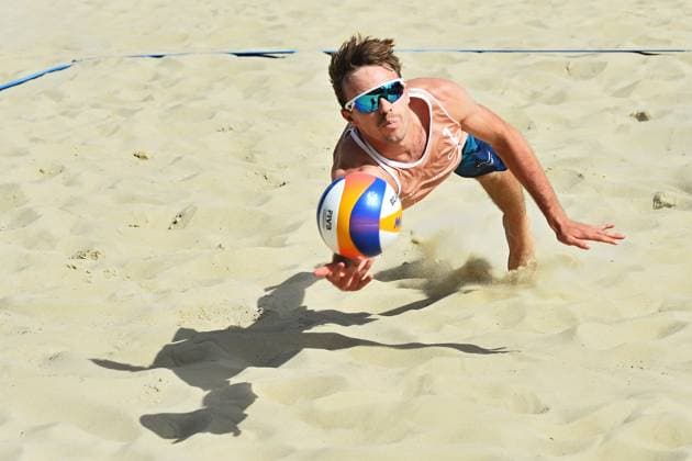 Jakub Sepka of Czech Republic in action during the match between Ondrej Perusic and Jakub Sepka of Czech Republic and David Vyoral a Simon Tuma of Czech Republic at the World Beach volleyball, Beachvolleyball Pro Tour, category Futures, on August 28, 2026, in Brno, Czech Republic. (CTKxPhoto PatrikxUhlir) CTKPhotoP2026082805016  CTKPhotoP2026082805016
