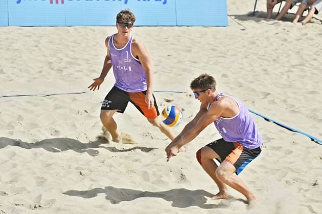 From left David Vyoral and Simon Tuma of Czech Republic in action during the match against Ondrej Perusic and Jakub Sepka of Czech Republic at the World Beach volleyball, Beachvolleyball Pro Tour, category Futures, on August 28, 2026, in Brno, Czech Republic. (CTKxPhoto PatrikxUhlir) CTKPhotoP2026082805076  CTKPhotoP2026082805076