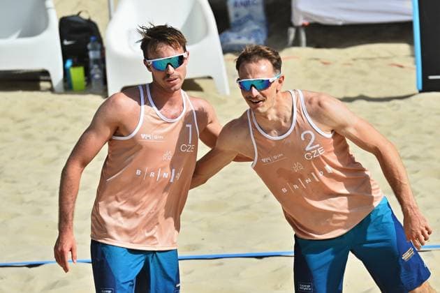 From left Jakub Sepka and Ondrej Perusic of Czech Republic react during the match against David Vyoral and Simon Tuma of Czech Republic at the World Beach volleyball, Beachvolleyball Pro Tour, category Futures, on August 28, 2026, in Brno, Czech Republic. (CTKxPhoto PatrikxUhlir) CTKPhotoP2026082805107  CTKPhotoP2026082805107