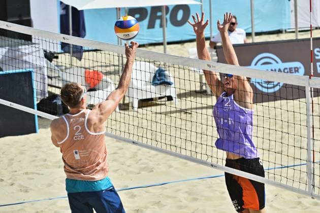 From left Ondrej Perusic of Czech Republic and Simon Tuma of Czech Republic in action during the match between Ondrej Perusic and Jakub Sepka of Czech Republic and David Vyoral and Simon Tuma of Czech Republic at the World Beach volleyball, Beachvolleyball Pro Tour, category Futures, on August 28, 2026, in Brno, Czech Republic. (CTKxPhoto PatrikxUhlir) CTKPhotoP2026082805119  CTKPhotoP2026082805119