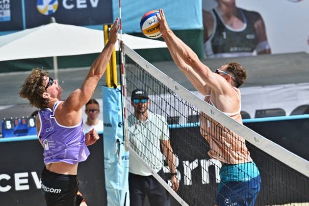 From left David Vyoral of Czech Republic and Ondrej Perusic of Czech Republic in action during the match between Ondrej Perusic and Jakub Sepka of Czech Republic and David Vyoral and Simon Tuma of Czech Republic at the World Beach volleyball, Beachvolleyball Pro Tour, category Futures, on August 28, 2026, in Brno, Czech Republic. (CTKxPhoto PatrikxUhlir) CTKPhotoP2026082805140  CTKPhotoP2026082805140